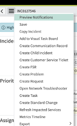 A view of the "hamburger" menu in the GlobalNOC ServiceNow instance for a specific incident. Included in the view is an "Open Network Troubleshooter" option.
