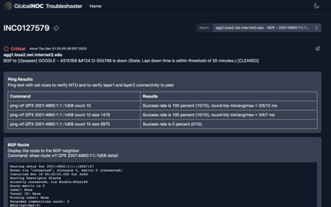 Screenshot of the Network Troubleshooting tool. The Tools header includes the Incident number, Alarm selector drop-down menu, the Current status of the alarm, the affected host, and the affected service. After the header are different sections of results from the tool. The first section contains the results of pings with varying sizes of frames. Both the 1487 size and unspecified size pings work; however, the Jumbo frame ping does not. The next section includes the BGP route details collected from the device at the time of the problem.