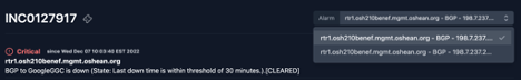 Partial screenshot of the troubleshooting tool showing the summary information presented to the user at the top of the interface. Specifically, the number of the ticket used to track the issue; the time and criticality of the issue; and summary information about the alarms and the network devices they are associated with.