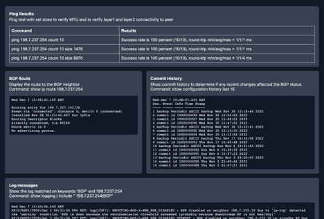 Partial screenshot of troubleshooting tool, showing output from a typical run. The first section shows three successful ping requests for packets of varying sizes, including Jumbo frames. The second section shows the output of a command to show the route to a BGP neighbor on the network device. The third section shows the commit history on the device. The fourth section shows recent log messages, filtered to match on the string BGP and the neighbor device's peering IP address.